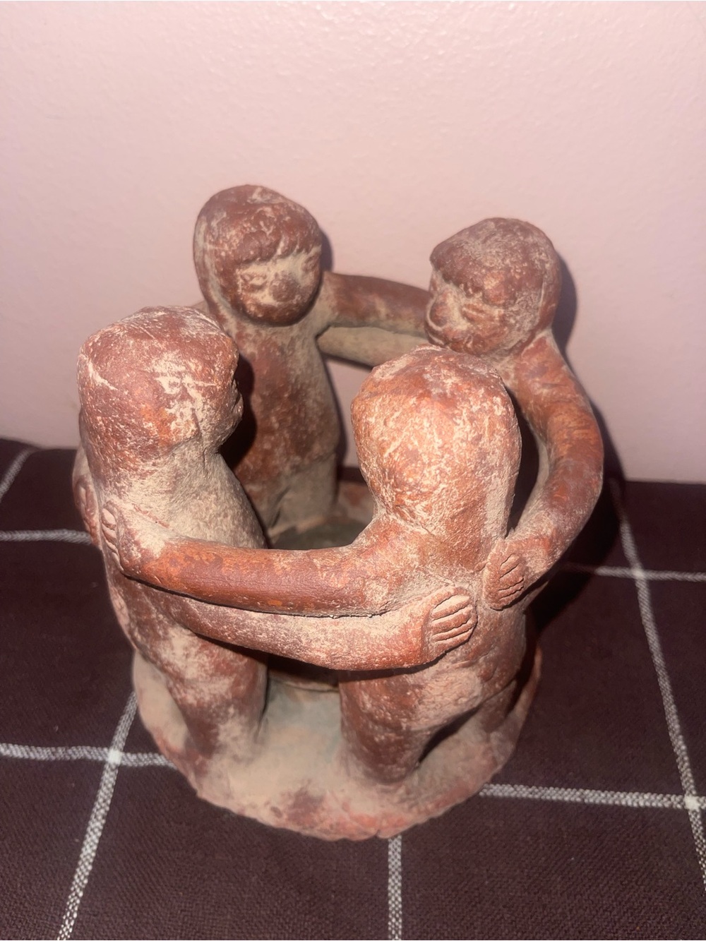 Handmade Pottery Four Figures Embrace Sculpture Tea Light Candle Holder Vintage